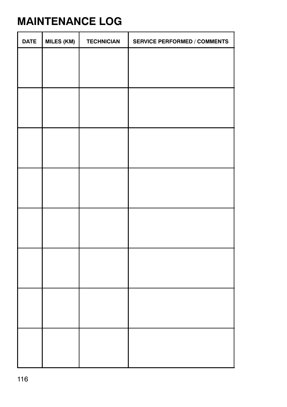 Maintenance log | Polaris Trailboss 7174820 User Manual | Page 116 / 117