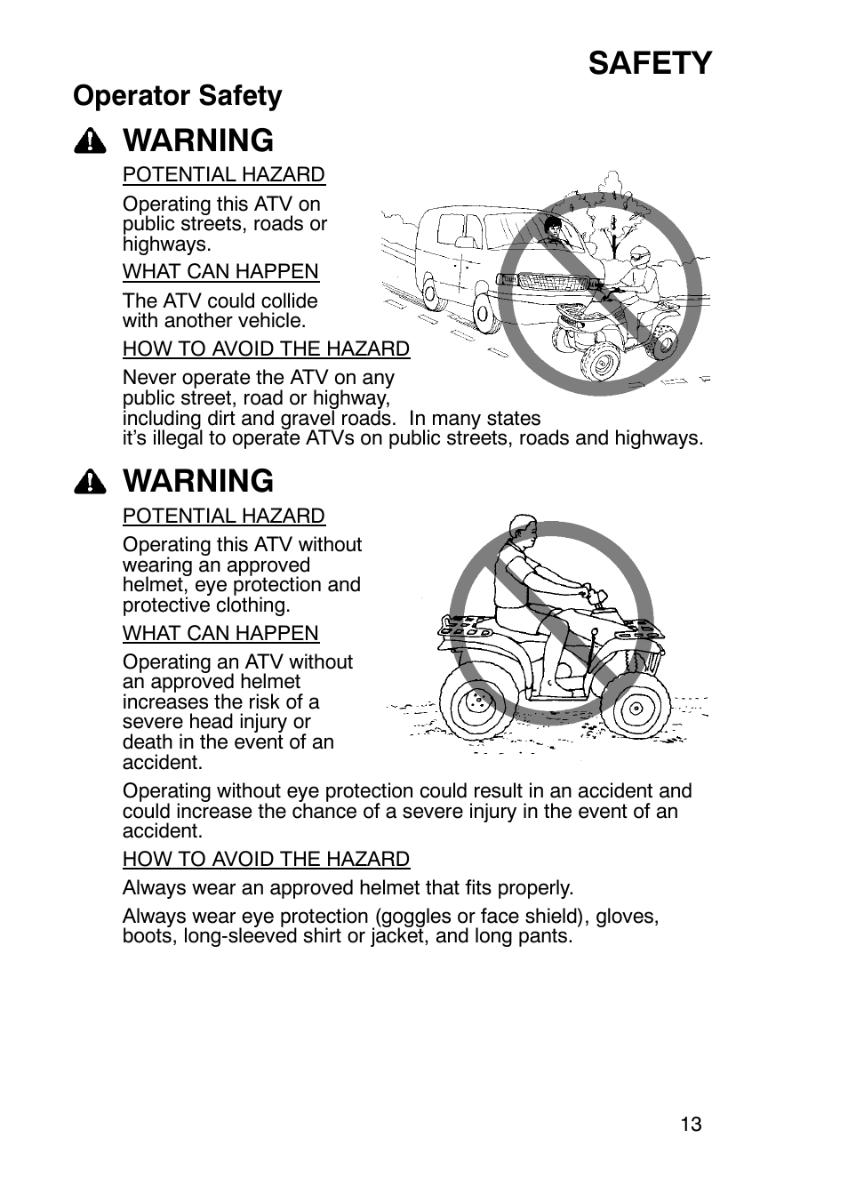 Safety, Warning, Operator safety | Polaris Trailboss 7174820 User Manual | Page 13 / 117