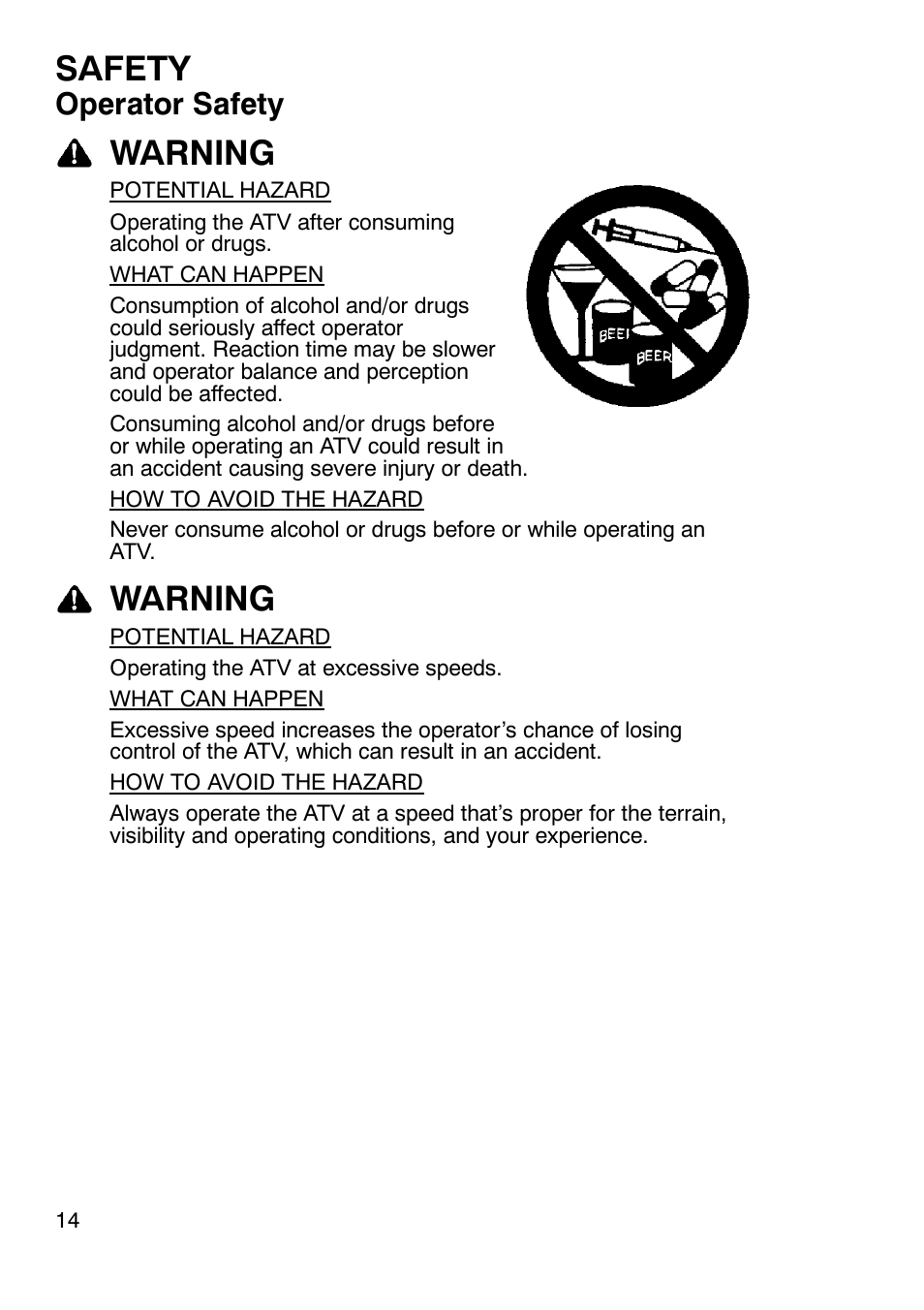 Safety, Warning, Operator safety | Polaris Trailboss 7174820 User Manual | Page 14 / 117