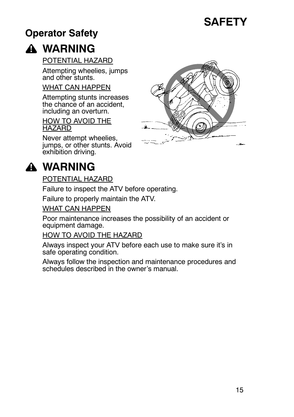 Safety, Warning, Operator safety | Polaris Trailboss 7174820 User Manual | Page 15 / 117