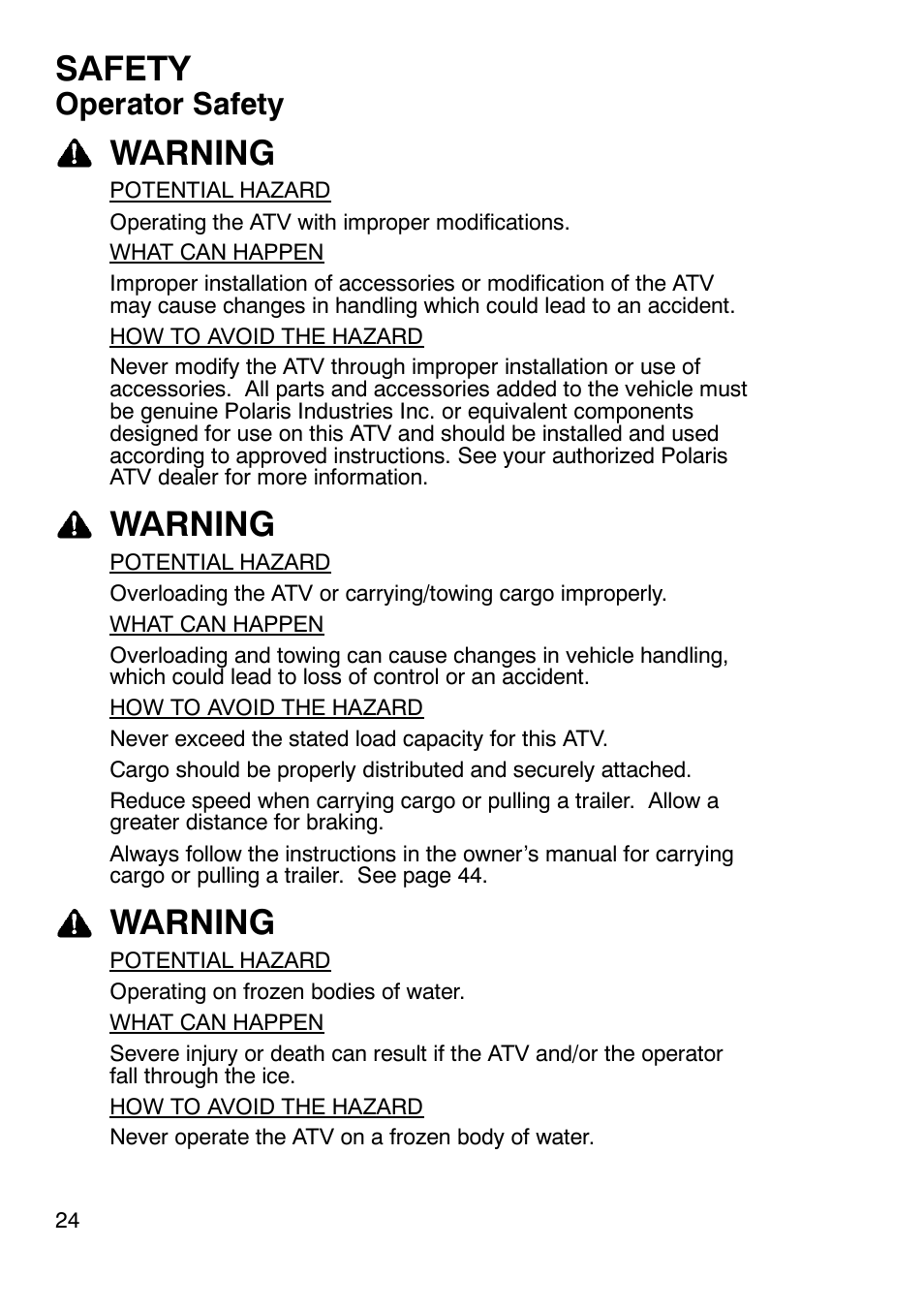 Safety, Warning, Operator safety | Polaris Trailboss 7174820 User Manual | Page 24 / 117