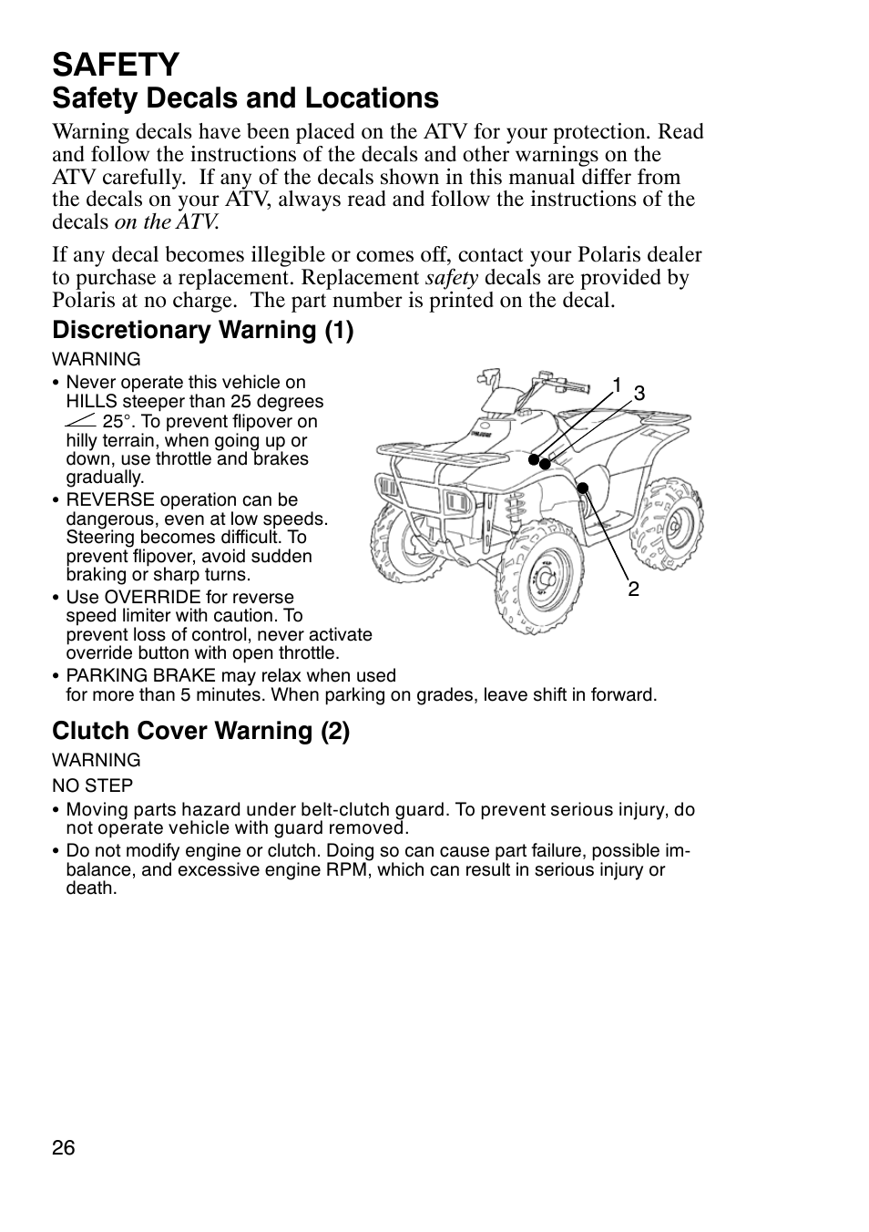 Safety, Safety decals and locations, Discretionary warning (1) | Clutch cover warning (2) | Polaris Trailboss 7174820 User Manual | Page 26 / 117