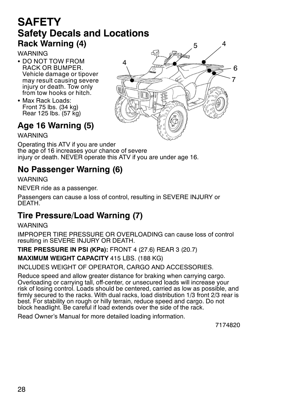 Safety, Safety decals and locations, Rack warning (4) | Age 16 warning (5), No passenger warning (6), Tire pressure/load warning (7) | Polaris Trailboss 7174820 User Manual | Page 28 / 117