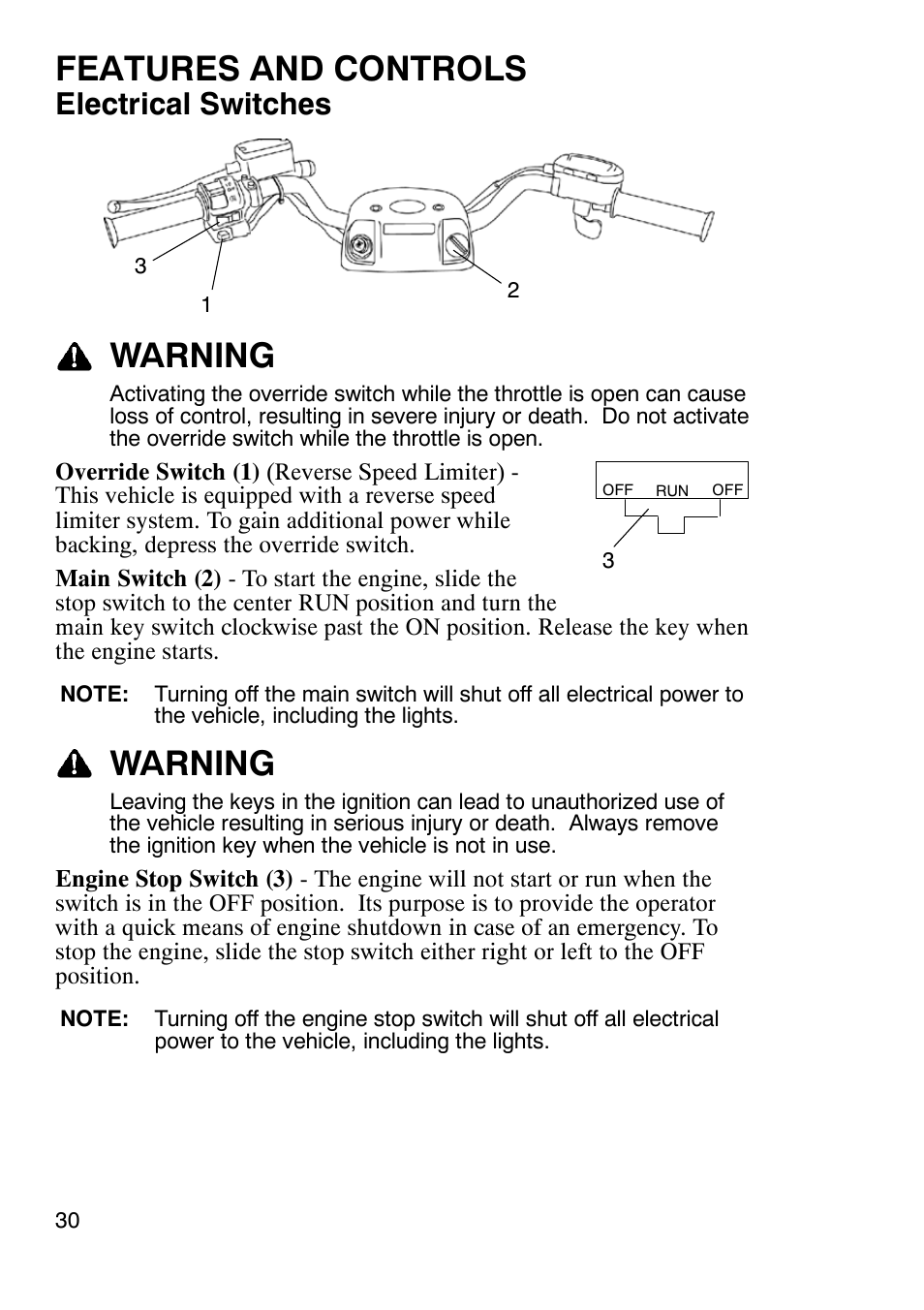 Features and controls, Warning, Electrical switches | Polaris Trailboss 7174820 User Manual | Page 30 / 117