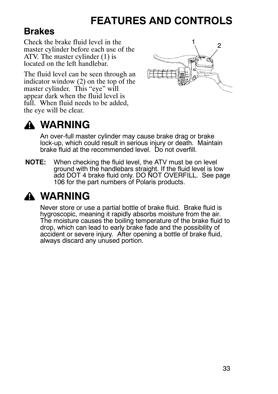 Features and controls, Warning, Brakes | Polaris Trailboss 7174820 User Manual | Page 33 / 117