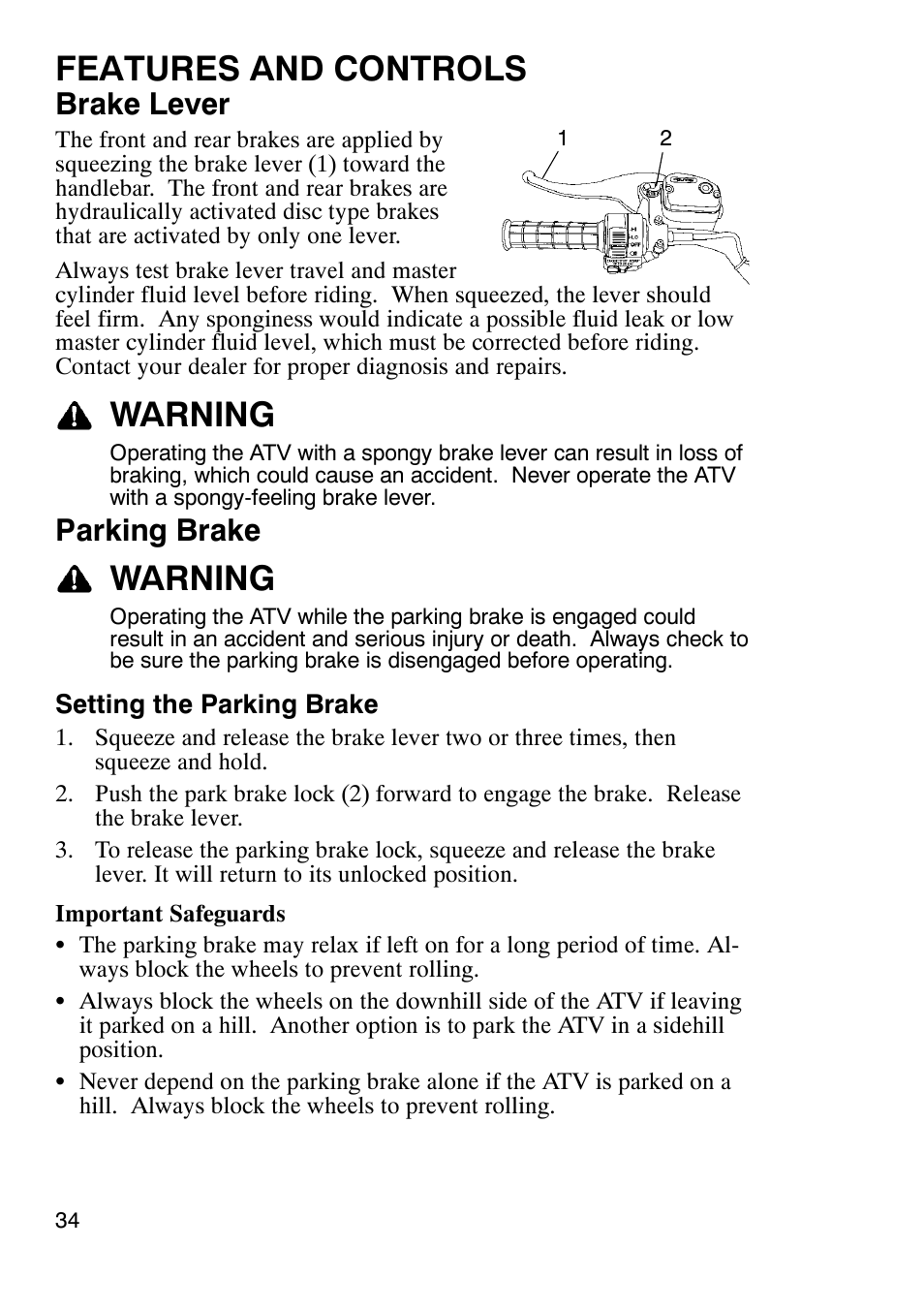 Features and controls, Warning, Brake lever | Parking brake | Polaris Trailboss 7174820 User Manual | Page 34 / 117