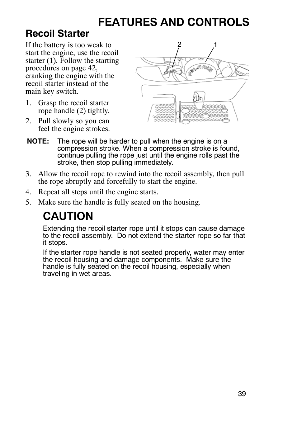 Features and controls, Caution, Recoil starter | Polaris Trailboss 7174820 User Manual | Page 39 / 117