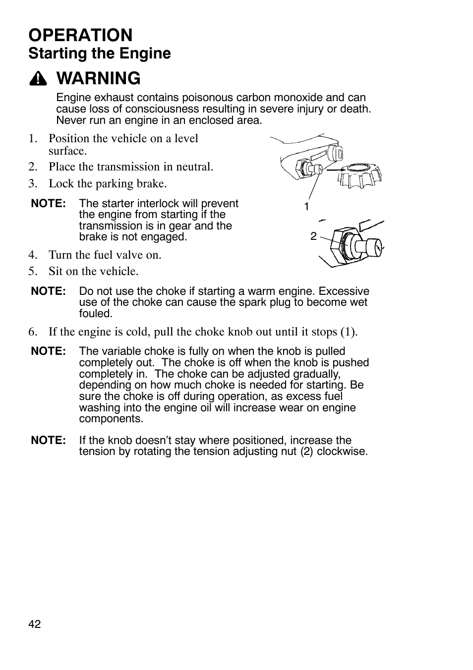 Operation, Warning, Starting the engine | Polaris Trailboss 7174820 User Manual | Page 42 / 117