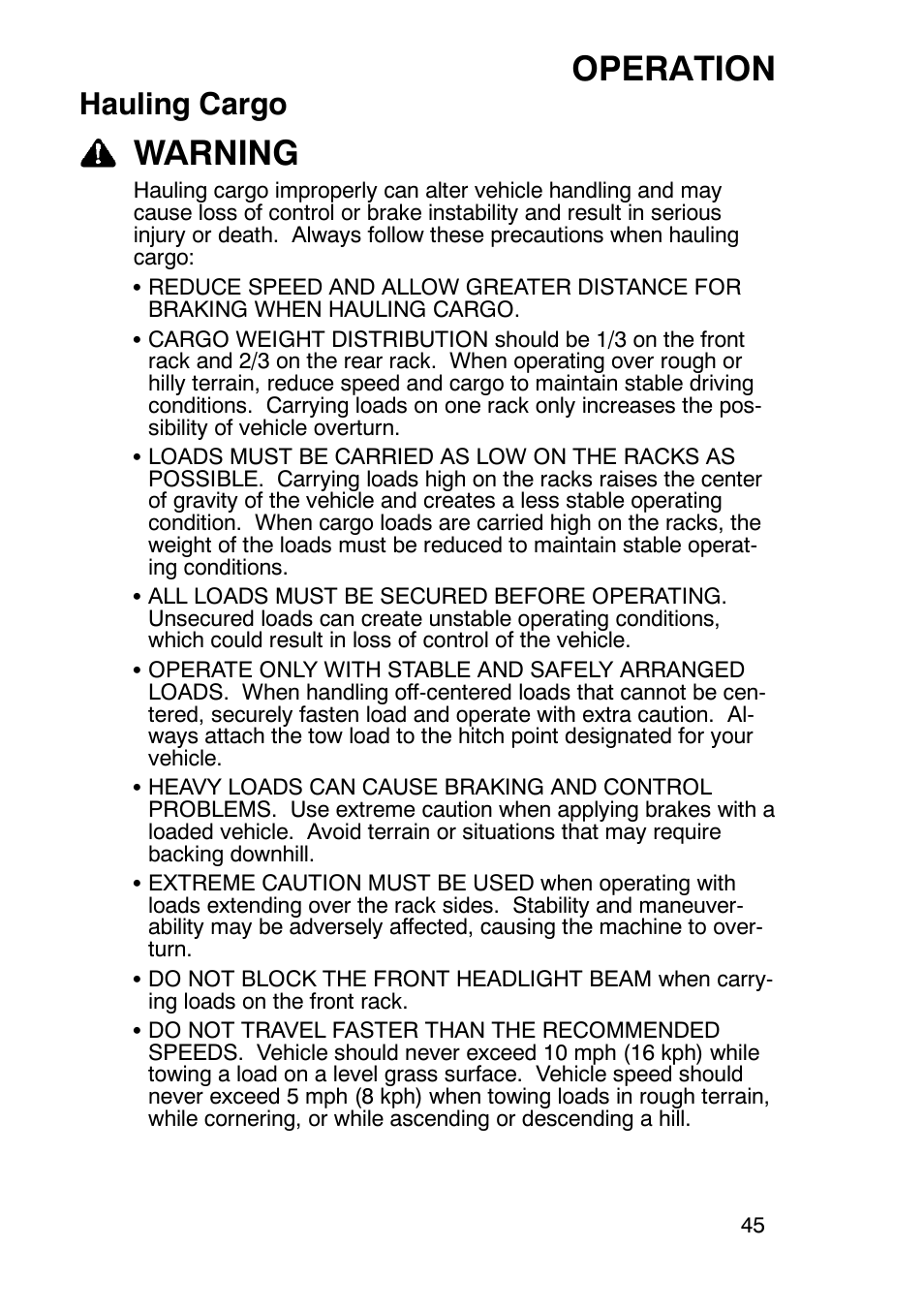 Operation, Warning, Hauling cargo | Polaris Trailboss 7174820 User Manual | Page 45 / 117