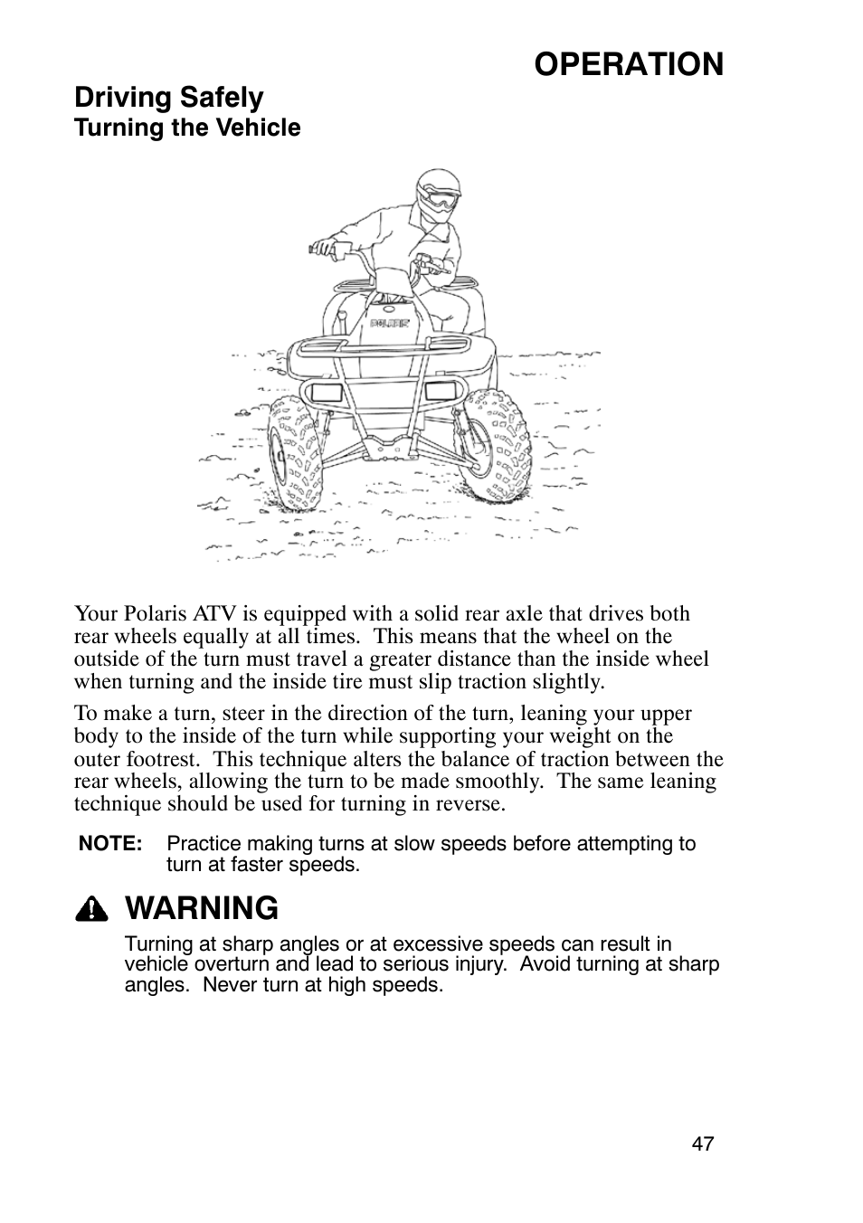 Operation, Warning, Driving safely | Polaris Trailboss 7174820 User Manual | Page 47 / 117