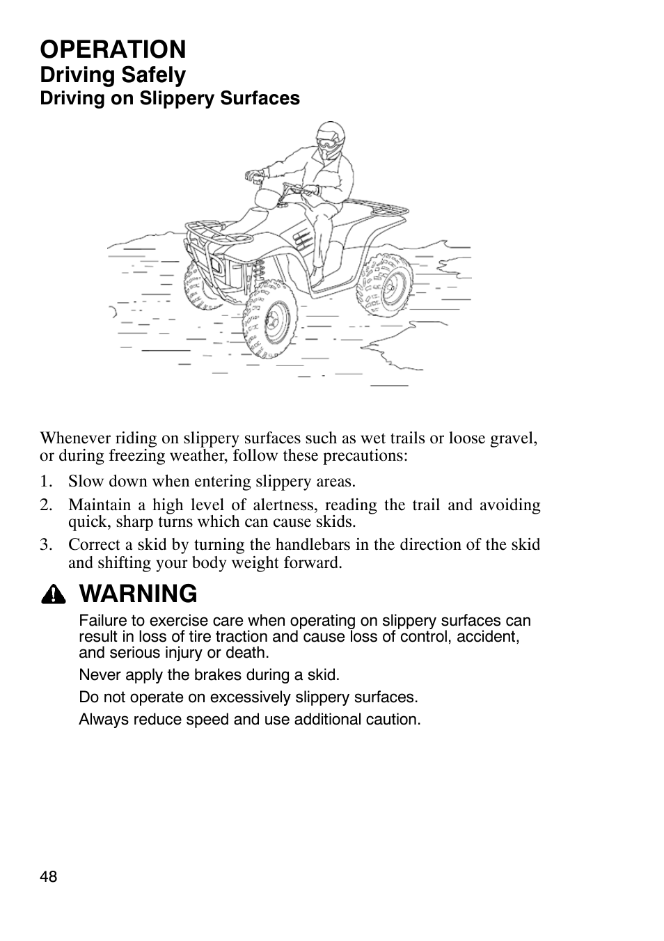 Operation, Warning, Driving safely | Polaris Trailboss 7174820 User Manual | Page 48 / 117