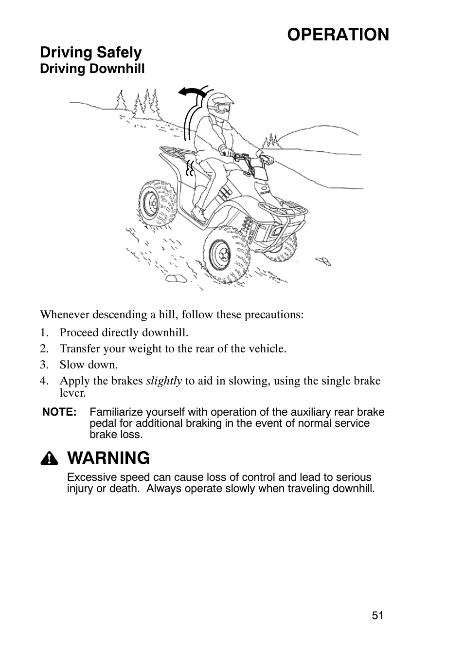 Operation, Warning, Driving safely | Polaris Trailboss 7174820 User Manual | Page 51 / 117