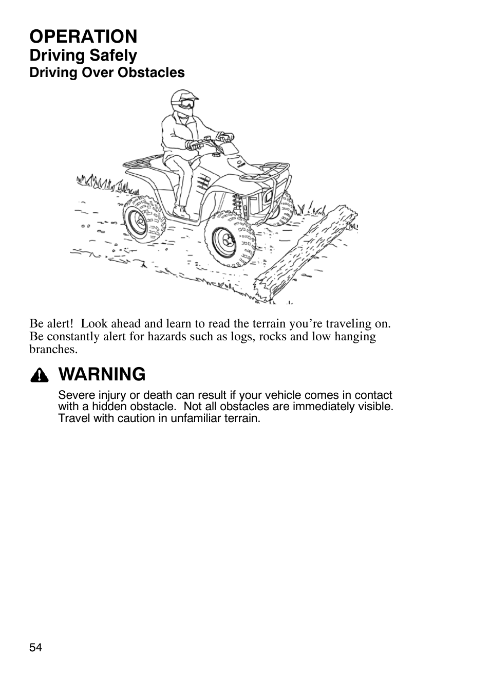 Operation, Warning, Driving safely | Polaris Trailboss 7174820 User Manual | Page 54 / 117