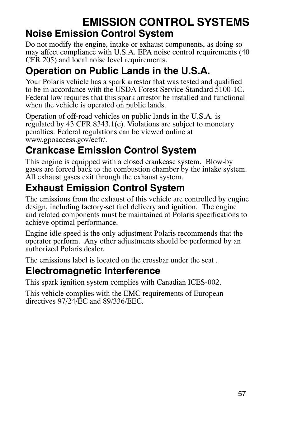 Emission control systems, Noise emission control system, Operation on public lands in the u.s.a | Crankcase emission control system, Exhaust emission control system, Electromagnetic interference | Polaris Trailboss 7174820 User Manual | Page 57 / 117