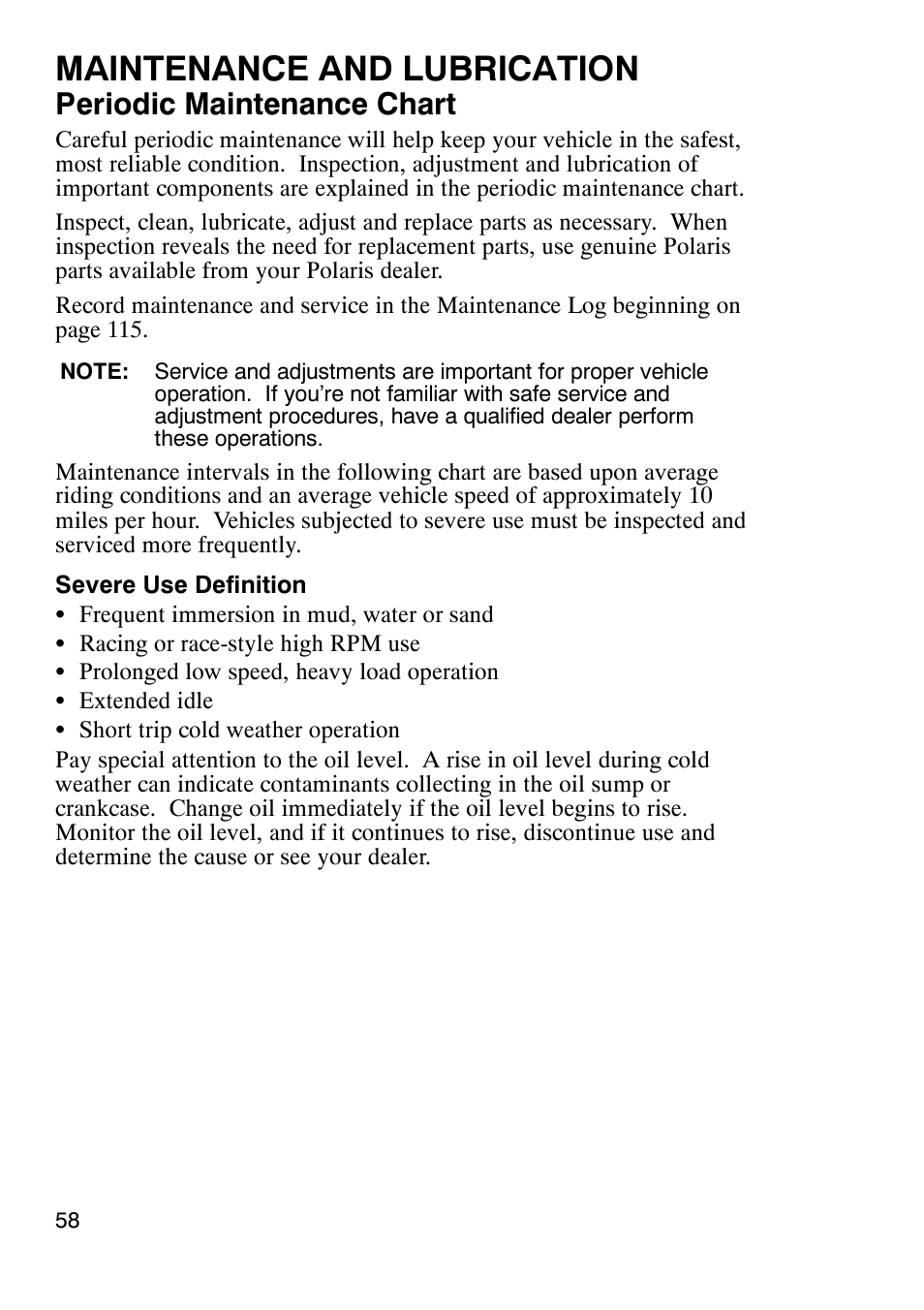 Maintenance and lubrication, Periodic maintenance chart | Polaris Trailboss 7174820 User Manual | Page 58 / 117