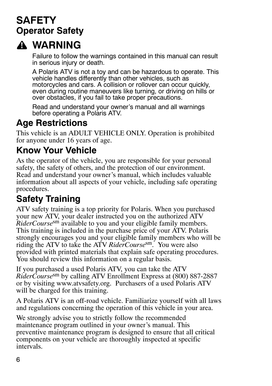 Safety, Warning, Operator safety | Age restrictions, Know your vehicle, Safety training | Polaris Trailboss 7174820 User Manual | Page 6 / 117