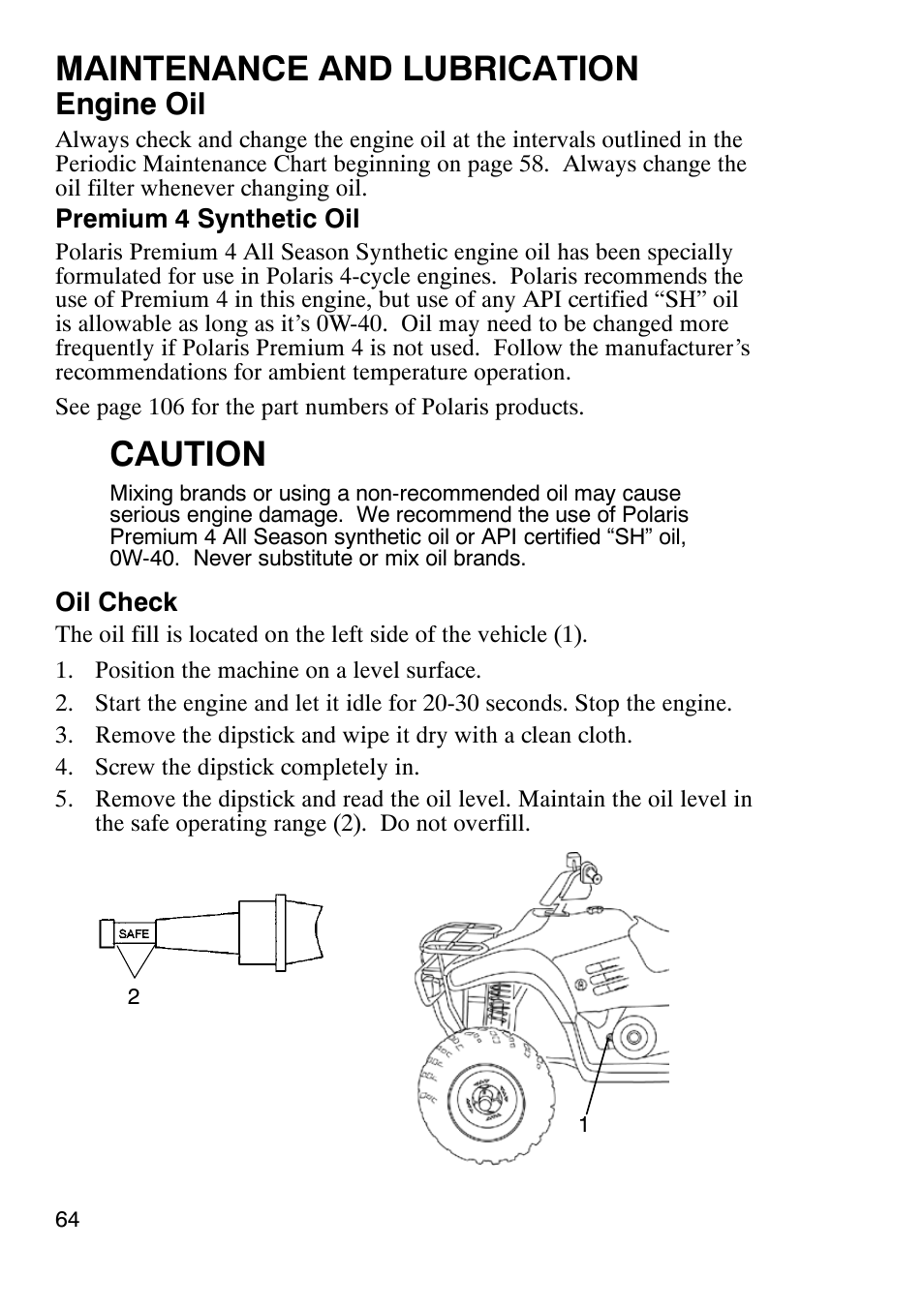 Maintenance and lubrication, Caution, Engine oil | Polaris Trailboss 7174820 User Manual | Page 64 / 117