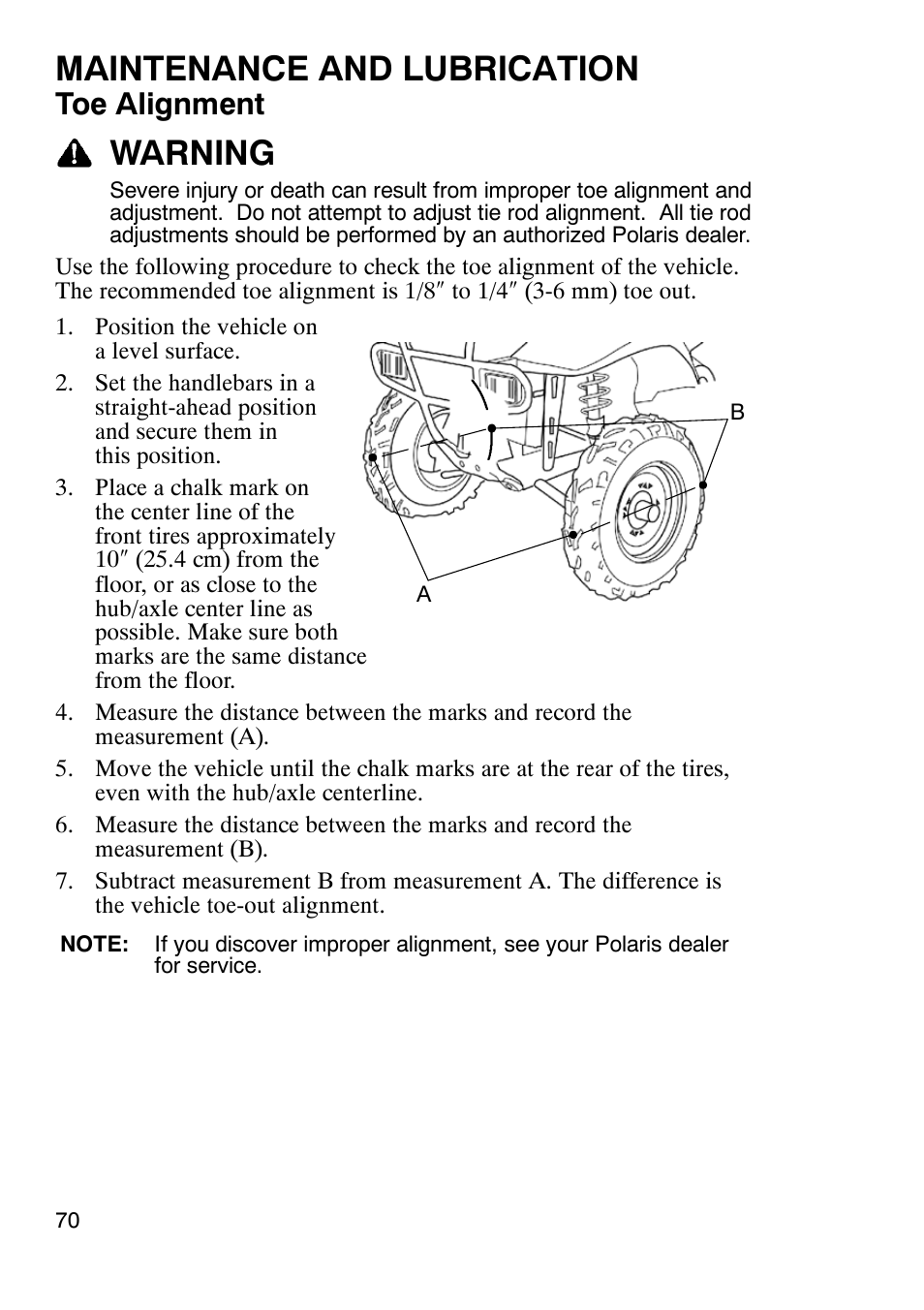 Maintenance and lubrication, Warning, Toe alignment | Polaris Trailboss 7174820 User Manual | Page 70 / 117