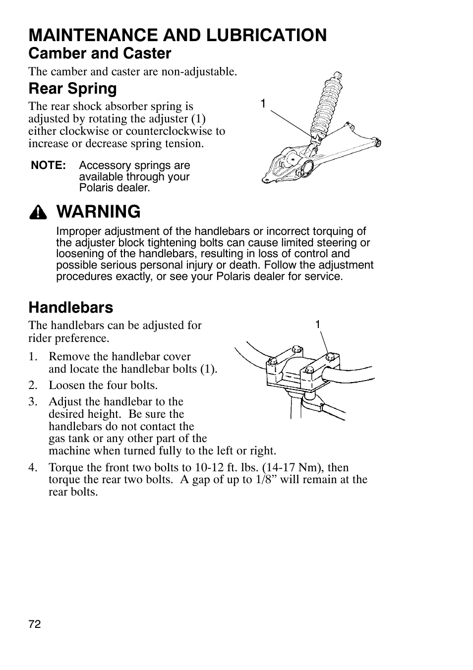 Maintenance and lubrication, Warning, Camber and caster | Rear spring, Handlebars | Polaris Trailboss 7174820 User Manual | Page 72 / 117