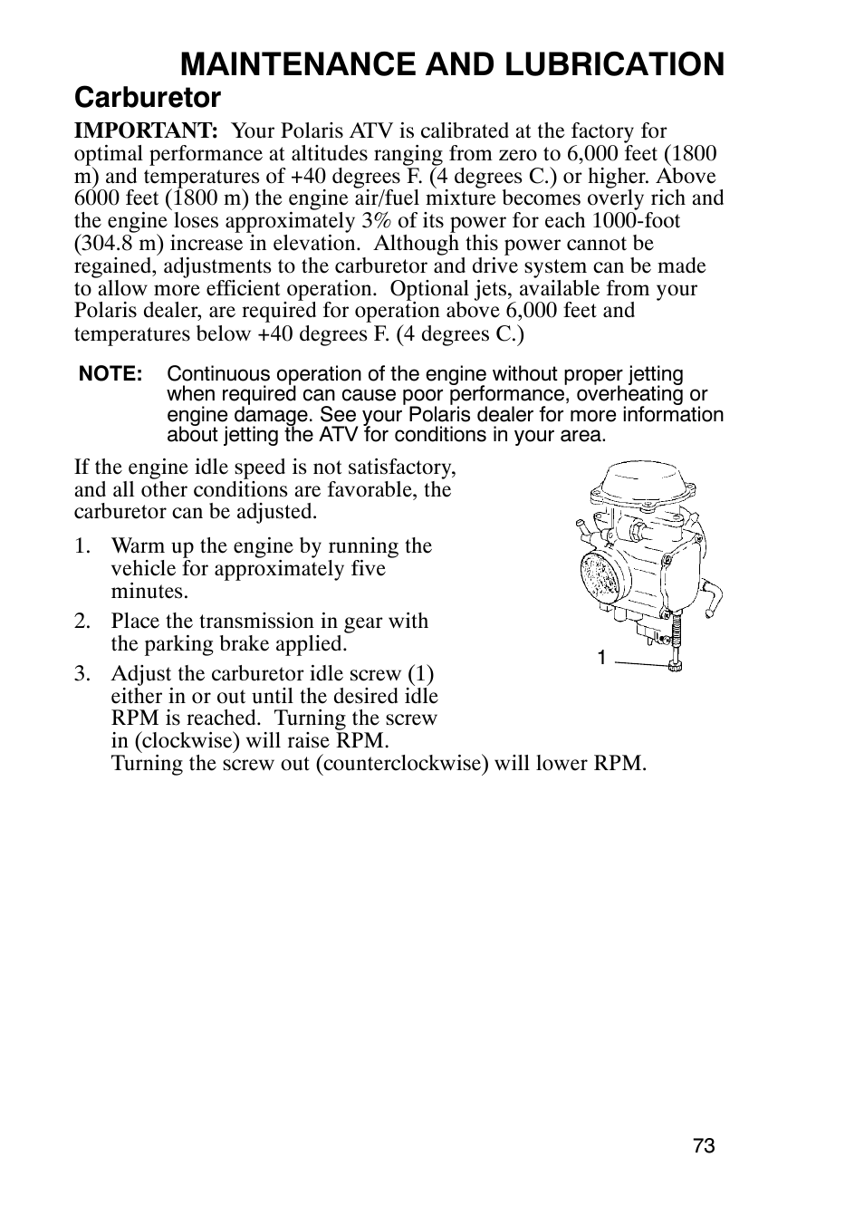 Maintenance and lubrication, Carburetor | Polaris Trailboss 7174820 User Manual | Page 73 / 117