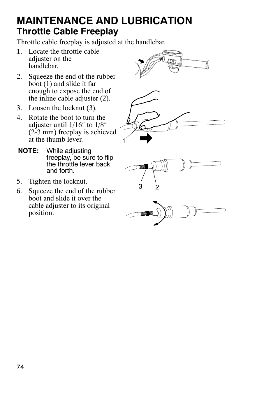 Maintenance and lubrication, Throttle cable freeplay | Polaris Trailboss 7174820 User Manual | Page 74 / 117