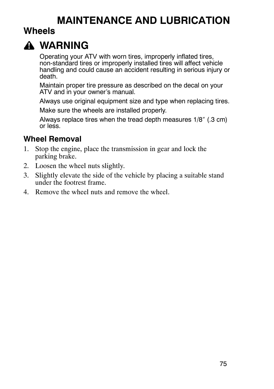 Maintenance and lubrication, Warning, Wheels | Polaris Trailboss 7174820 User Manual | Page 75 / 117