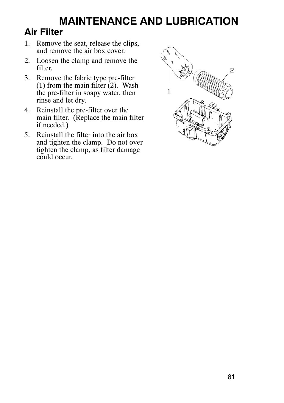 Maintenance and lubrication, Air filter | Polaris Trailboss 7174820 User Manual | Page 81 / 117