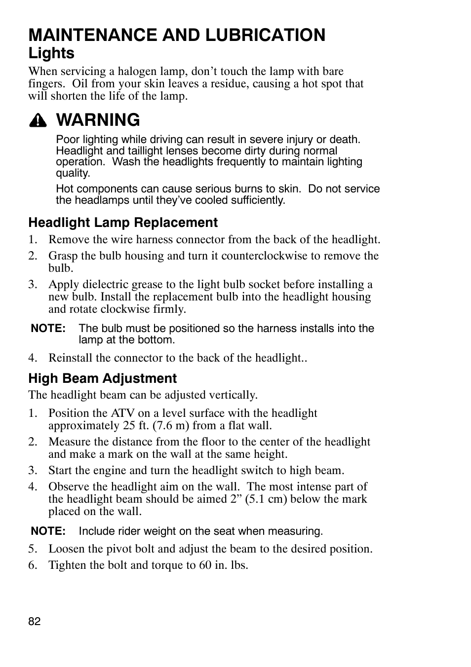 Maintenance and lubrication, Warning, Lights | Polaris Trailboss 7174820 User Manual | Page 82 / 117