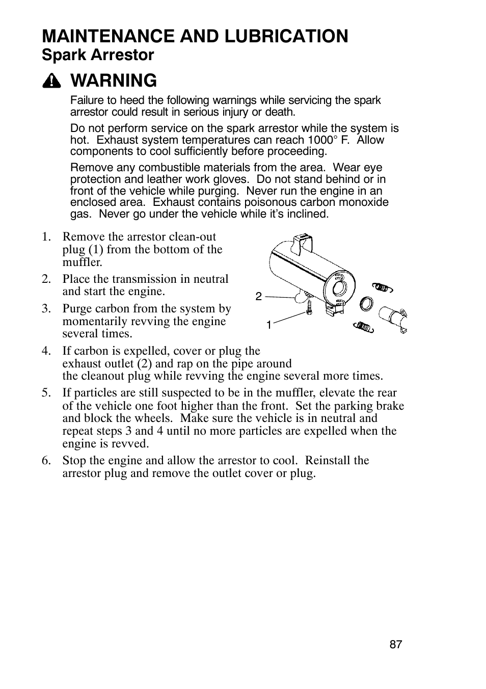 Maintenance and lubrication, Warning, Spark arrestor | Polaris Trailboss 7174820 User Manual | Page 87 / 117