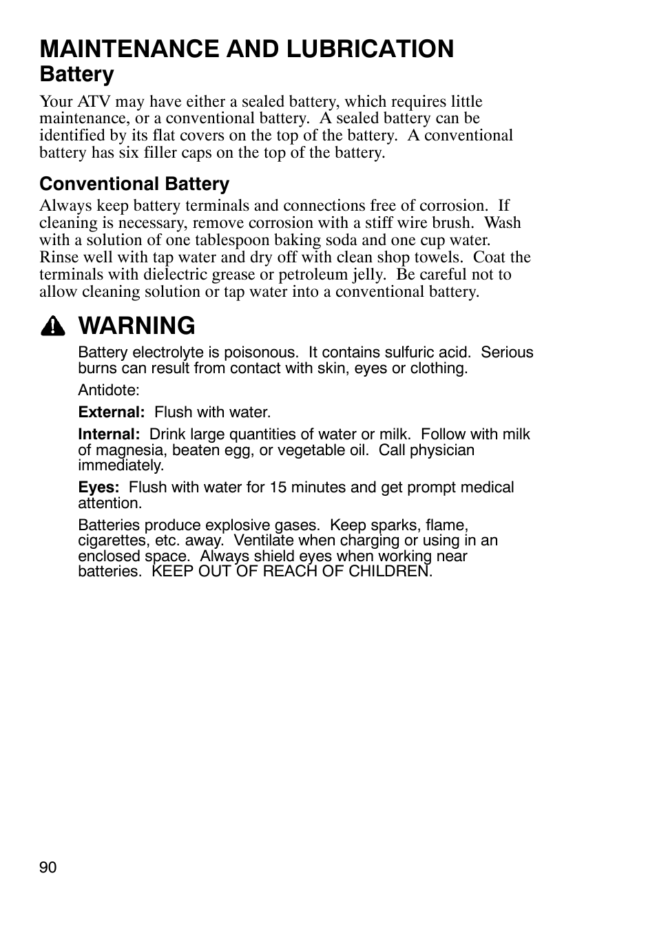 Maintenance and lubrication, Warning, Battery | Polaris Trailboss 7174820 User Manual | Page 90 / 117