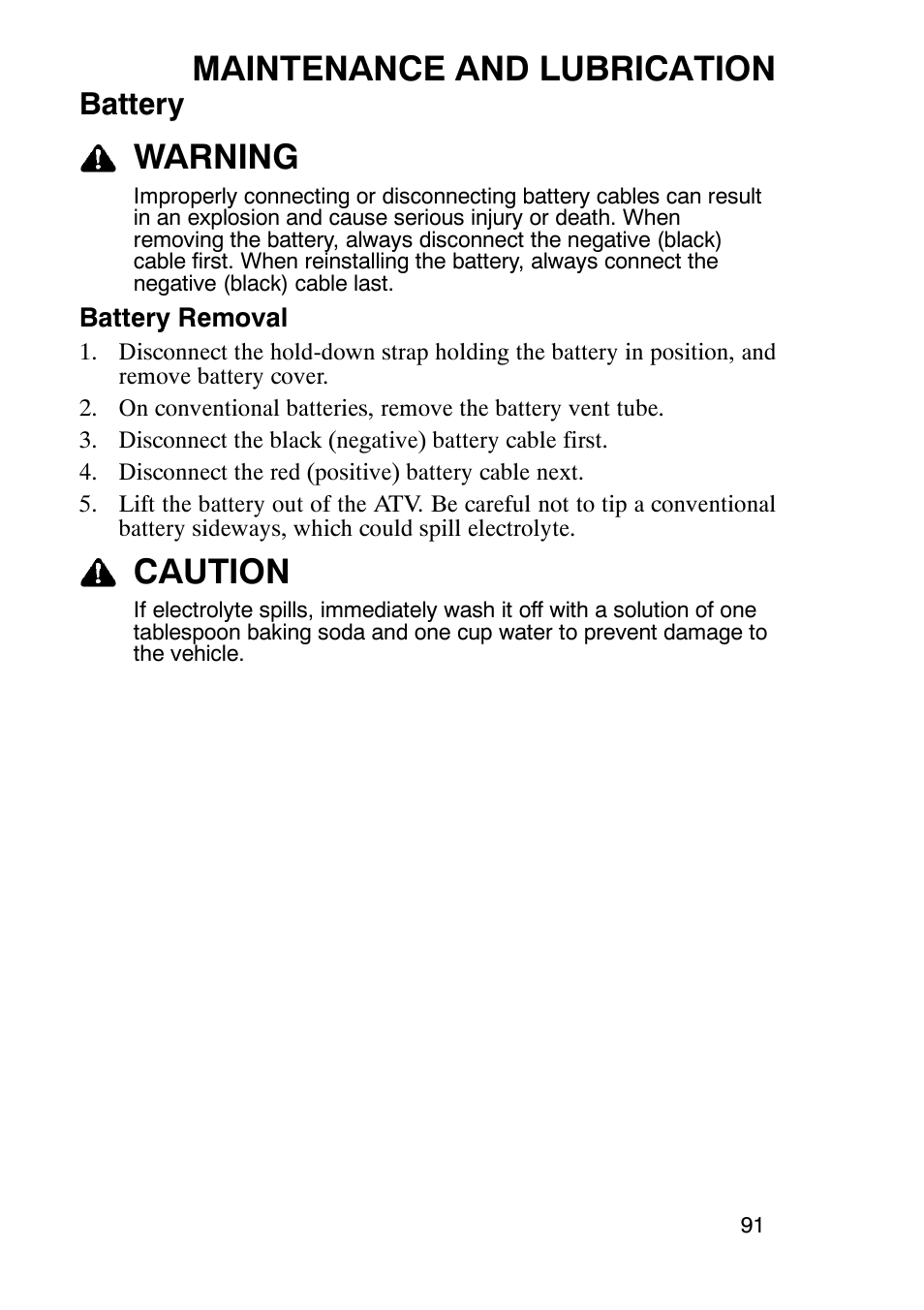 Maintenance and lubrication, Warning, Caution | Battery | Polaris Trailboss 7174820 User Manual | Page 91 / 117