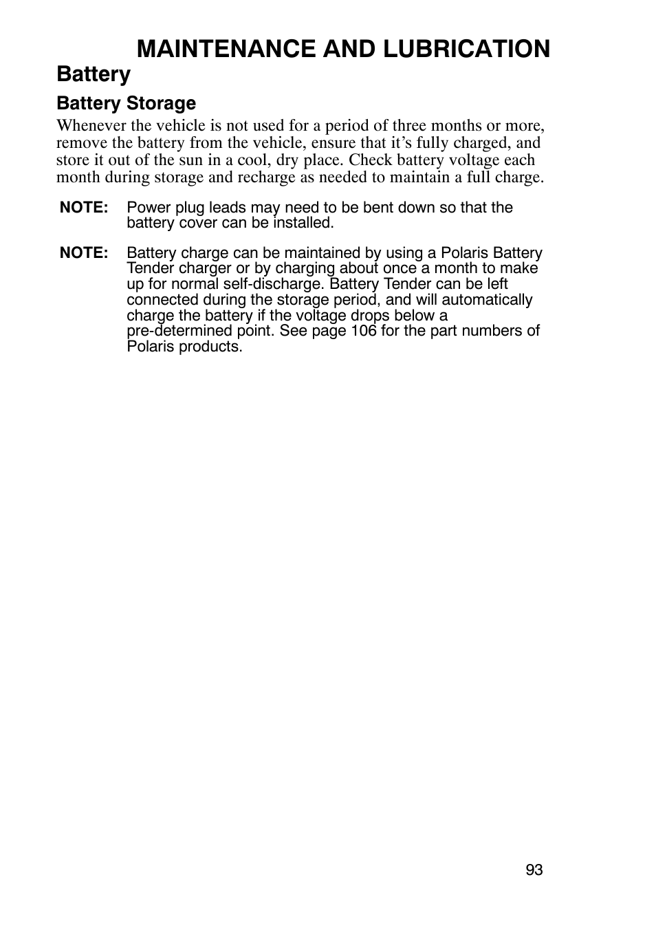 Maintenance and lubrication, Battery | Polaris Trailboss 7174820 User Manual | Page 93 / 117