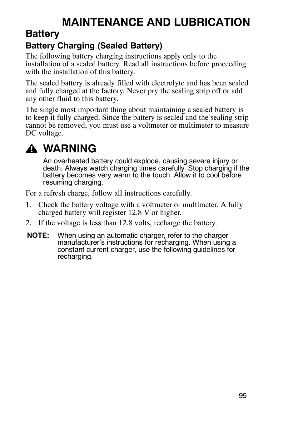 Maintenance and lubrication, Warning, Battery | Polaris Trailboss 7174820 User Manual | Page 95 / 117