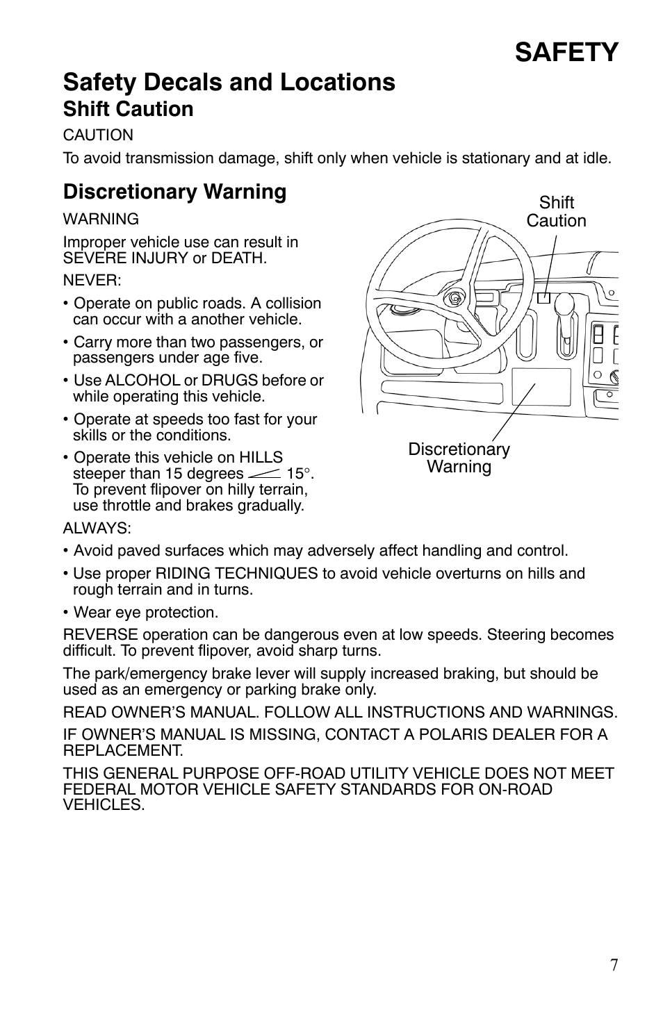 Safety, Safety decals and locations, Shift caution | Discretionary warning | Polaris 500 User Manual | Page 10 / 129