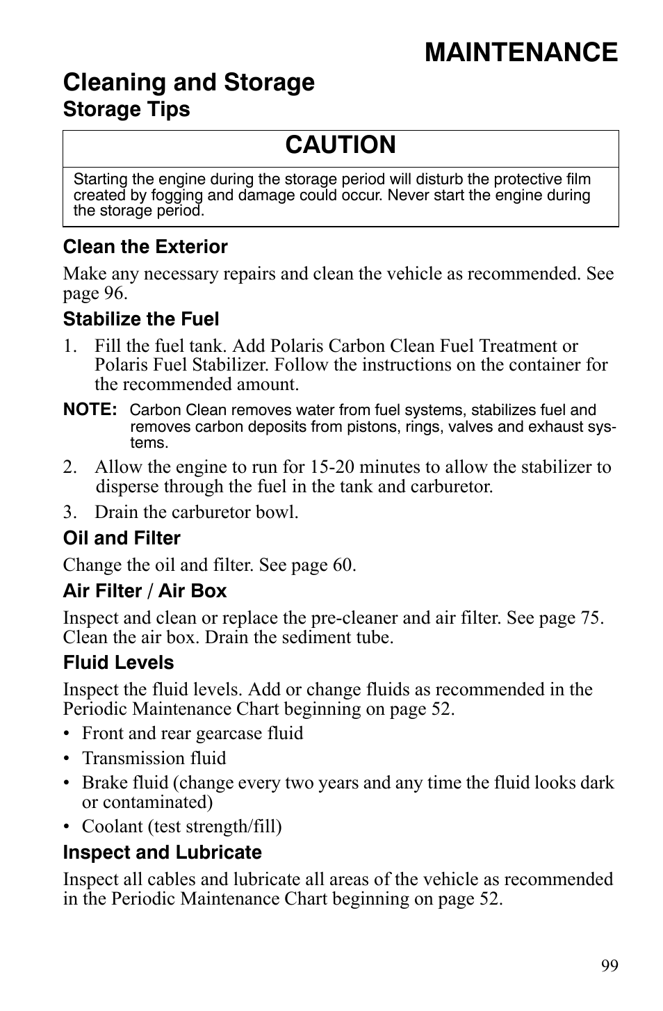 Maintenance, Cleaning and storage, Caution | Polaris 500 User Manual | Page 102 / 129