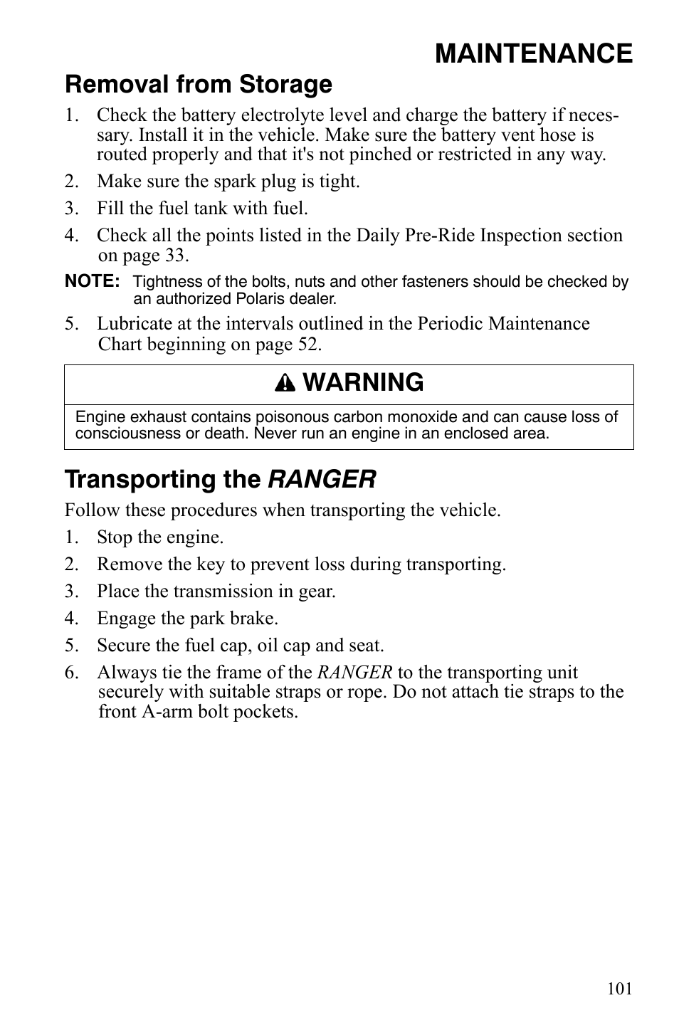 Maintenance, Removal from storage, Transporting the ranger | Warning | Polaris 500 User Manual | Page 104 / 129