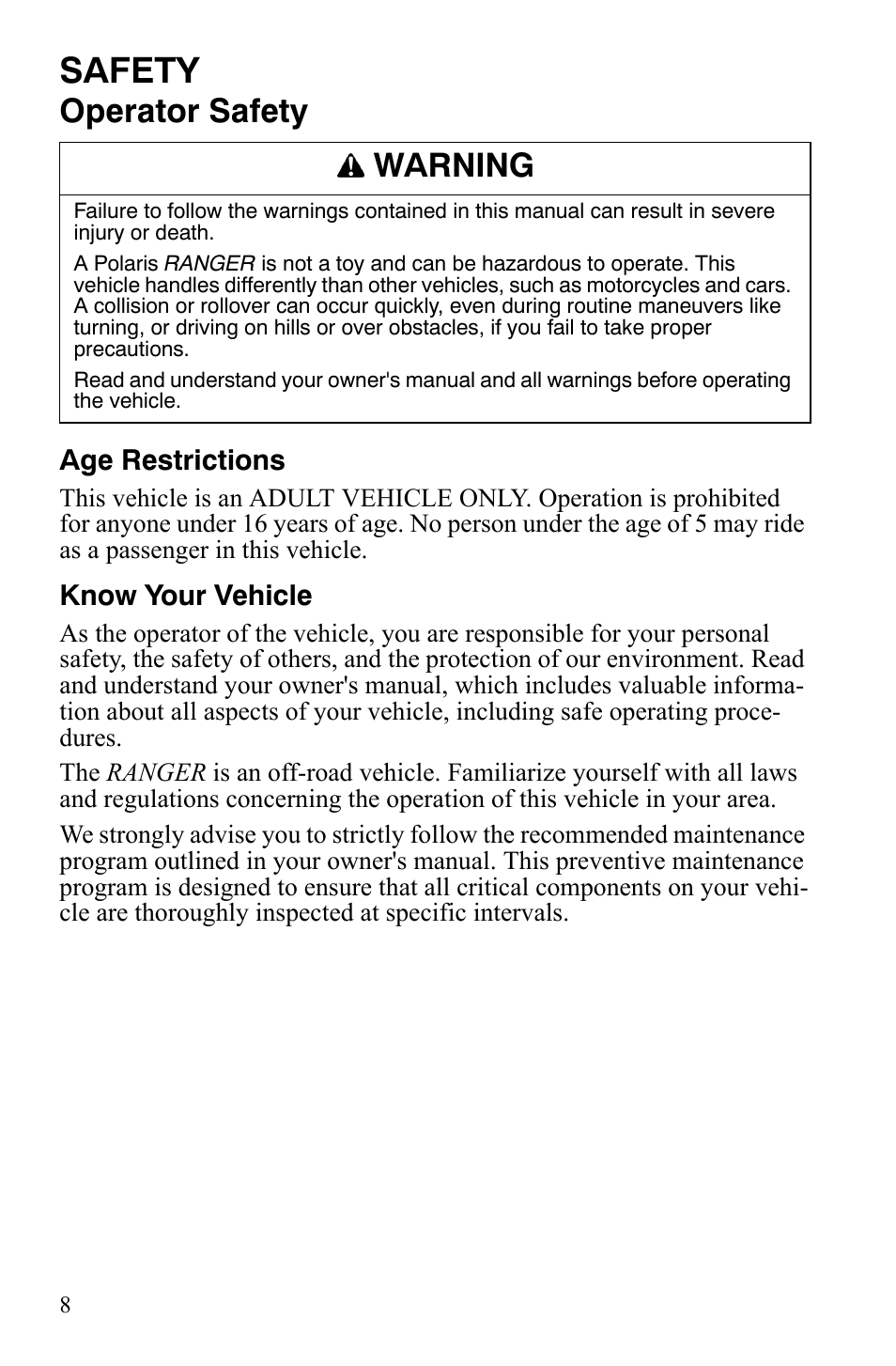 Safety, Operator safety, Warning | Polaris 500 User Manual | Page 11 / 129