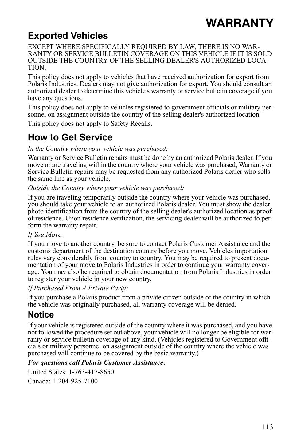 Warranty, Exported vehicles, How to get service | Notice | Polaris 500 User Manual | Page 116 / 129