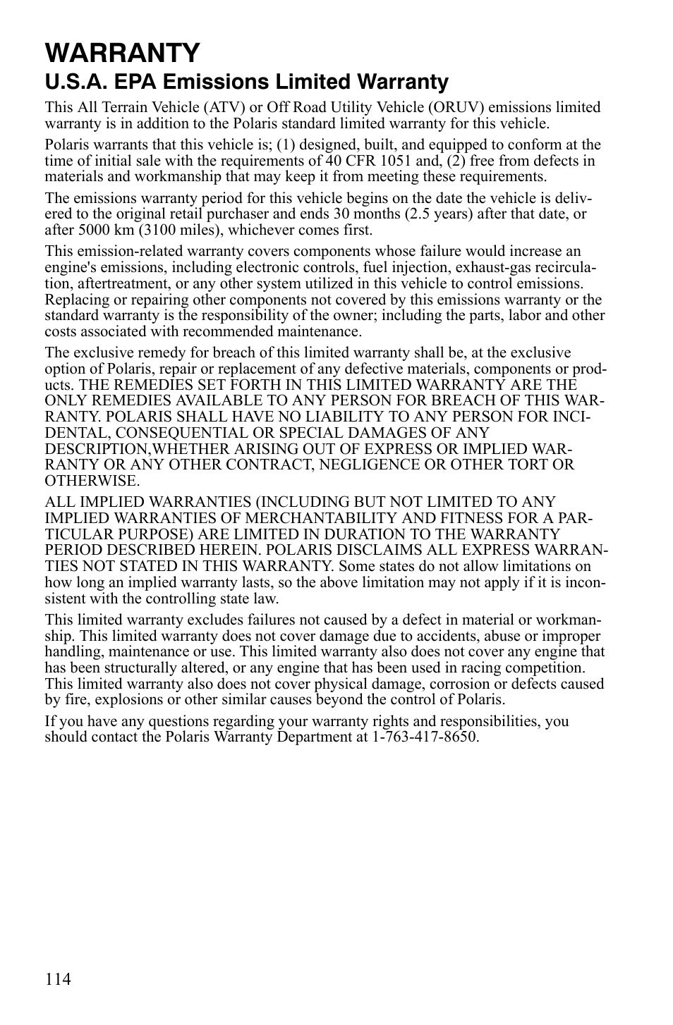 Warranty, U.s.a. epa emissions limited warranty | Polaris 500 User Manual | Page 117 / 129