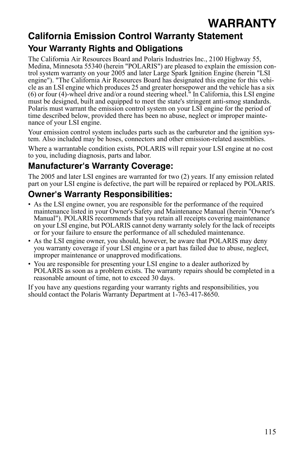 Warranty, California emission control warranty statement, Your warranty rights and obligations | Manufacturer's warranty coverage, Owner's warranty responsibilities | Polaris 500 User Manual | Page 118 / 129