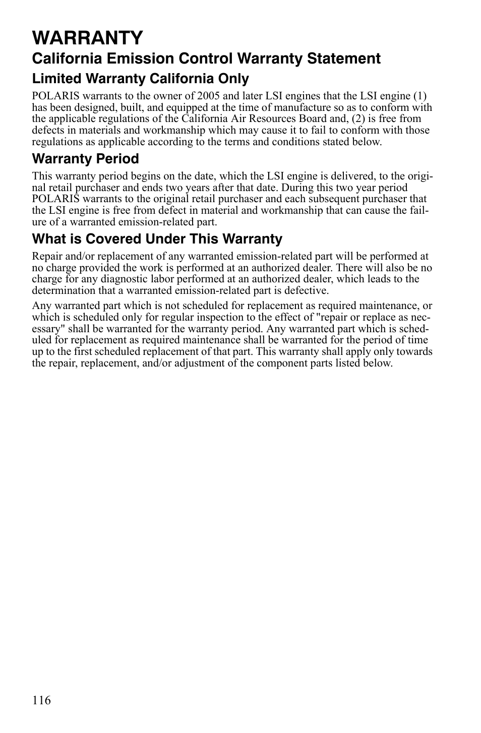 Warranty, California emission control warranty statement | Polaris 500 User Manual | Page 119 / 129