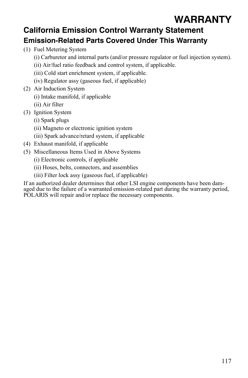 Warranty, California emission control warranty statement | Polaris 500 User Manual | Page 120 / 129