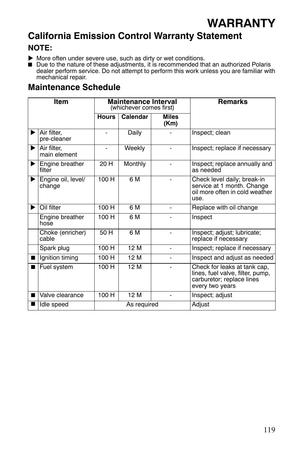 Warranty, California emission control warranty statement, Maintenance schedule | Polaris 500 User Manual | Page 122 / 129