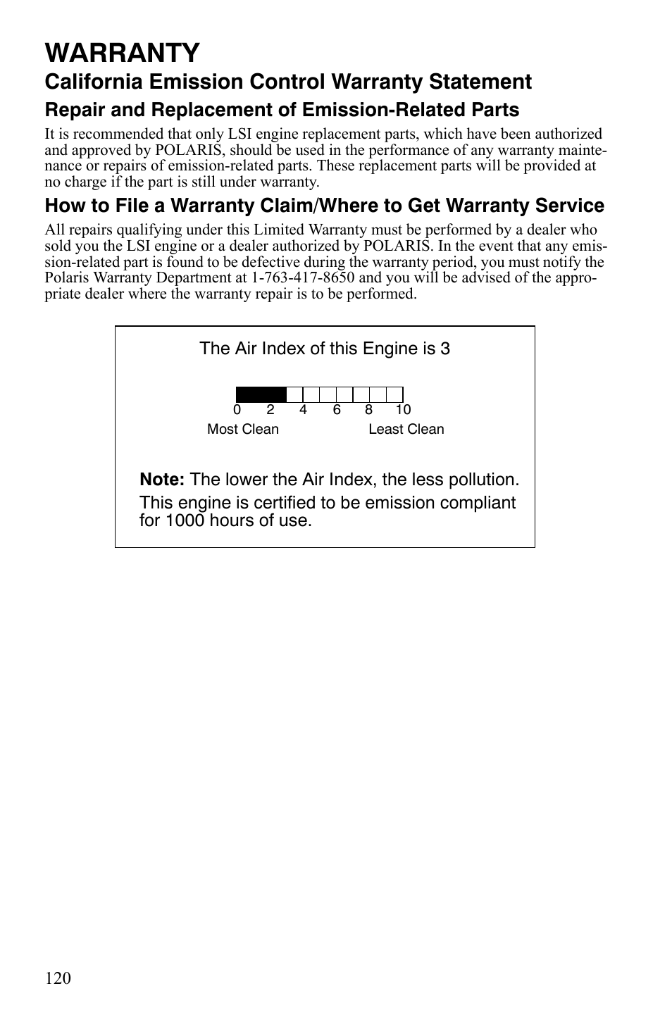 Warranty, California emission control warranty statement, Repair and replacement of emission-related parts | Polaris 500 User Manual | Page 123 / 129