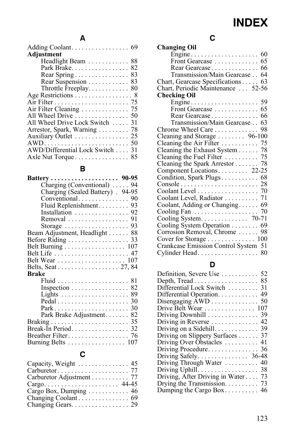 Index | Polaris 500 User Manual | Page 126 / 129