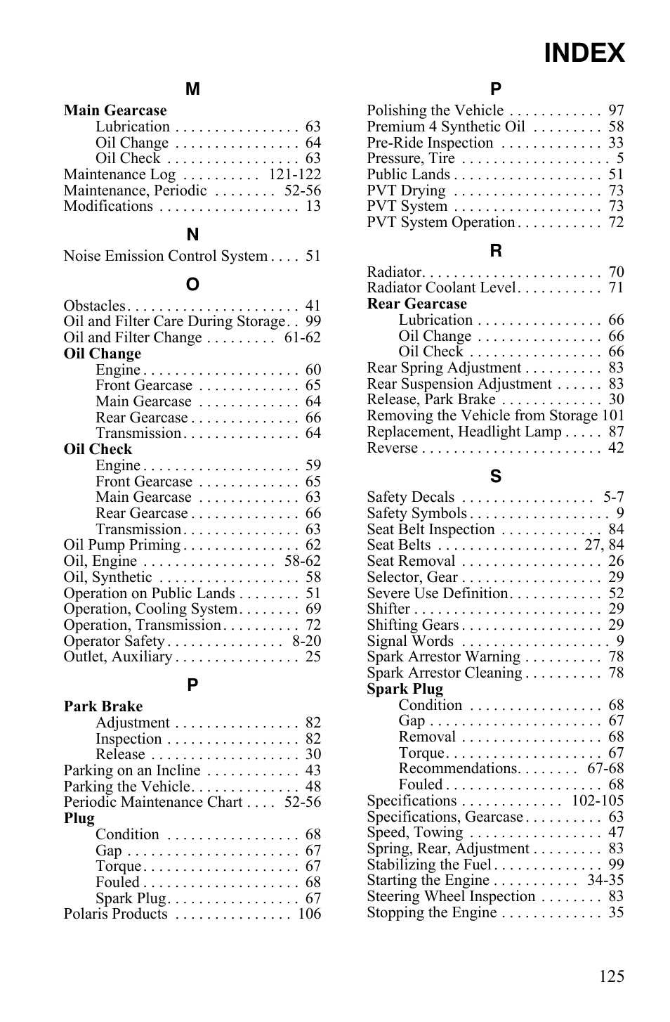 Index | Polaris 500 User Manual | Page 128 / 129