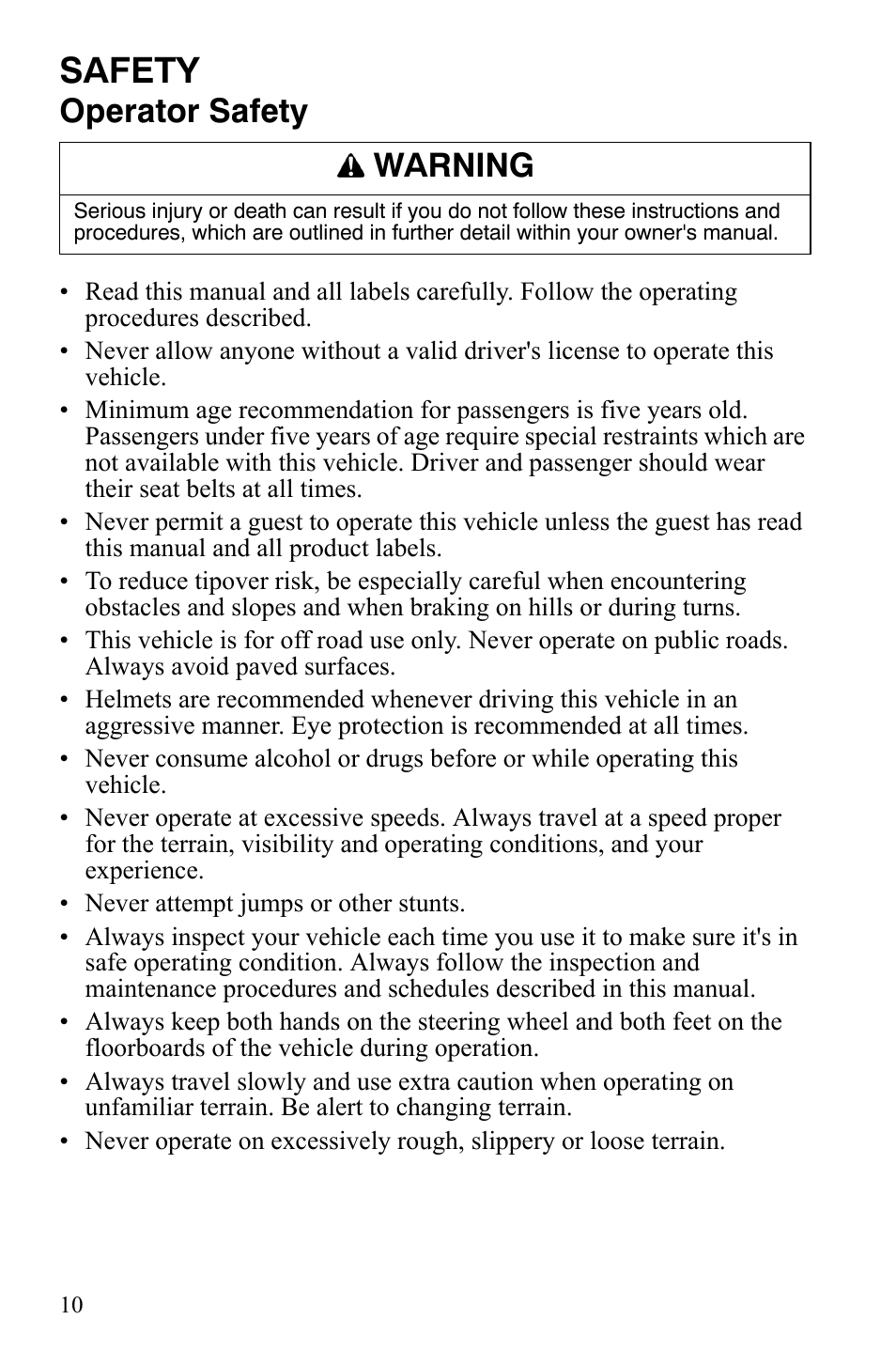 Safety, Operator safety, Warning | Polaris 500 User Manual | Page 13 / 129