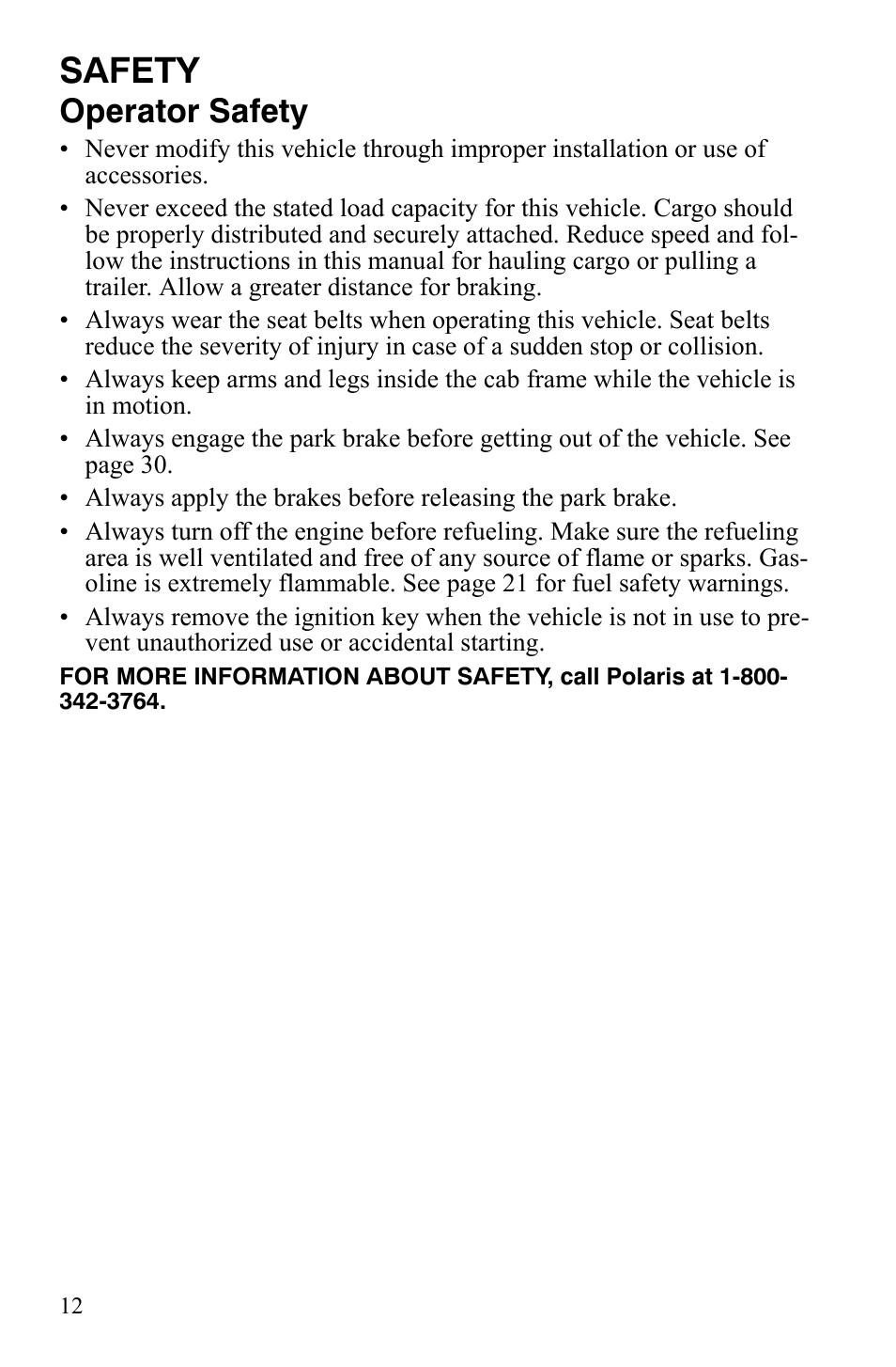 Safety, Operator safety | Polaris 500 User Manual | Page 15 / 129