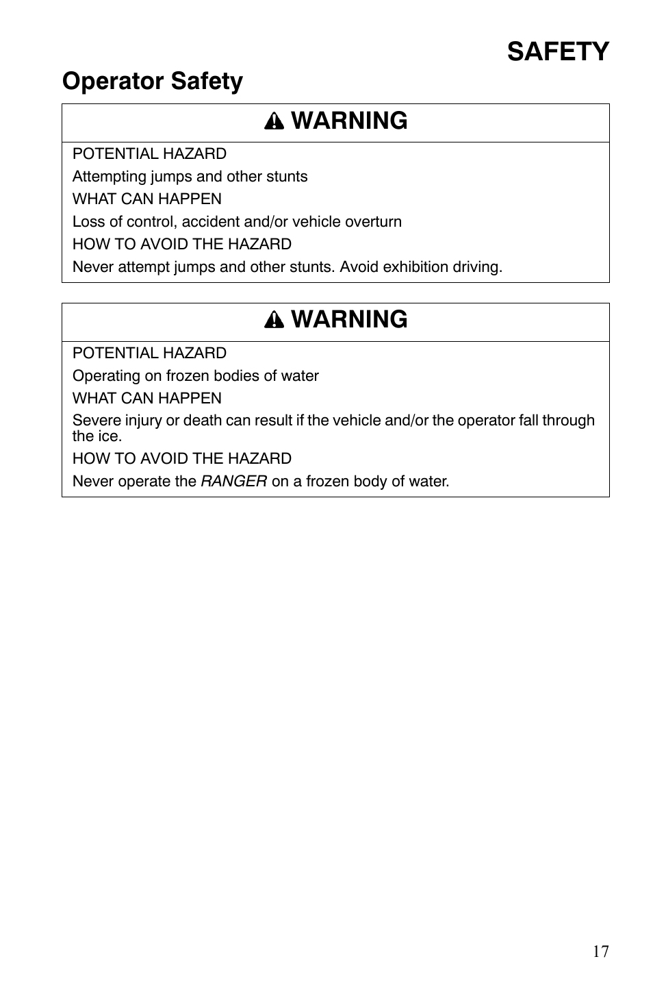 Safety, Operator safety warning, Warning | Polaris 500 User Manual | Page 20 / 129