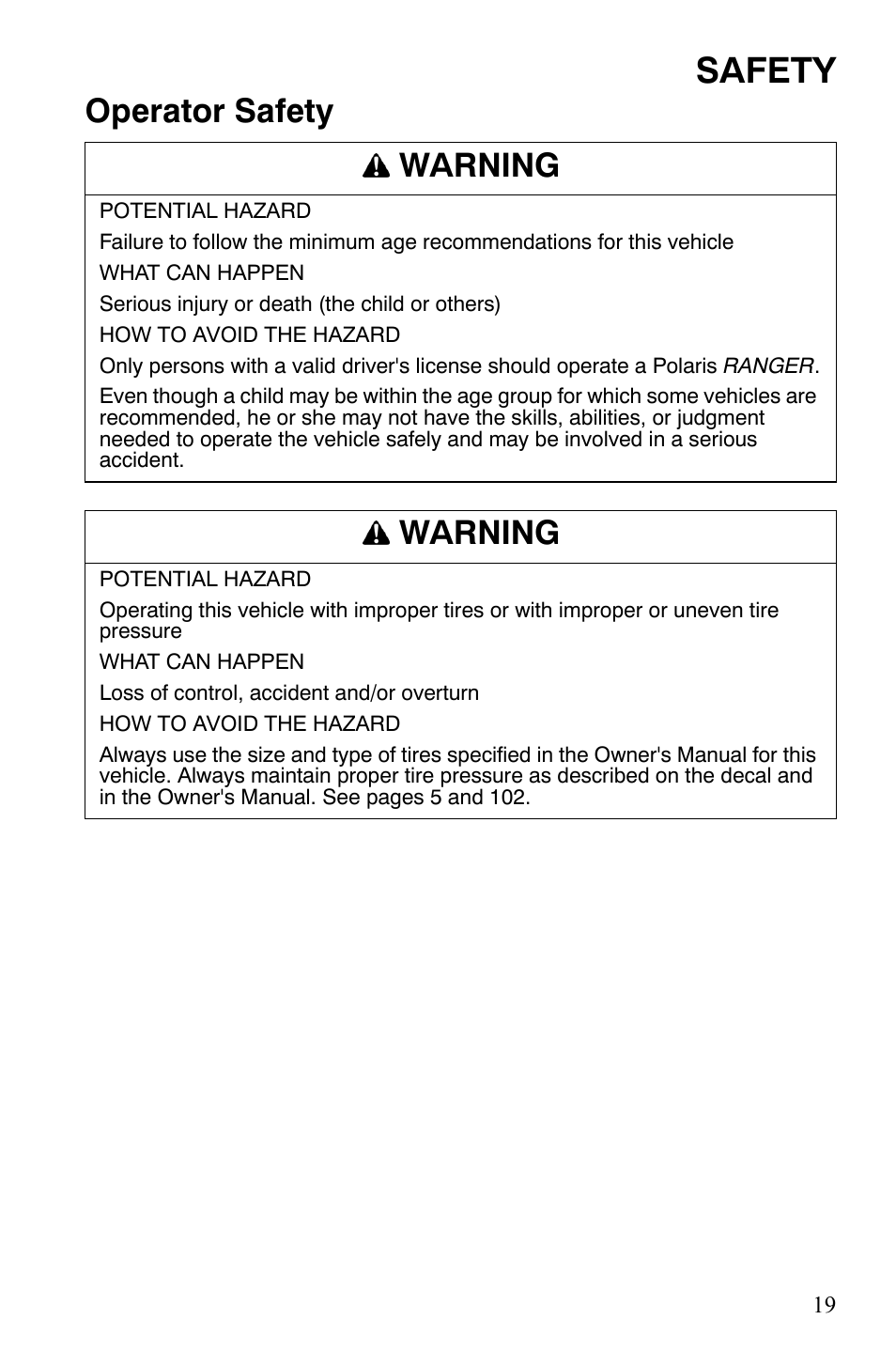 Safety, Operator safety warning, Warning | Polaris 500 User Manual | Page 22 / 129